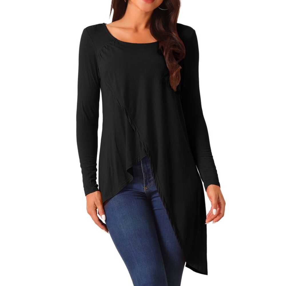 High Low Tops Irregular Hem Casual Blouse Tops Black